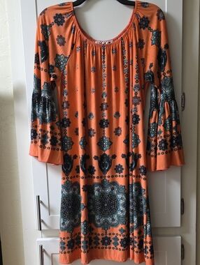 Glamour Farms Orange Paisley-Print Bell-Sleeve Midi Dress Size 1X